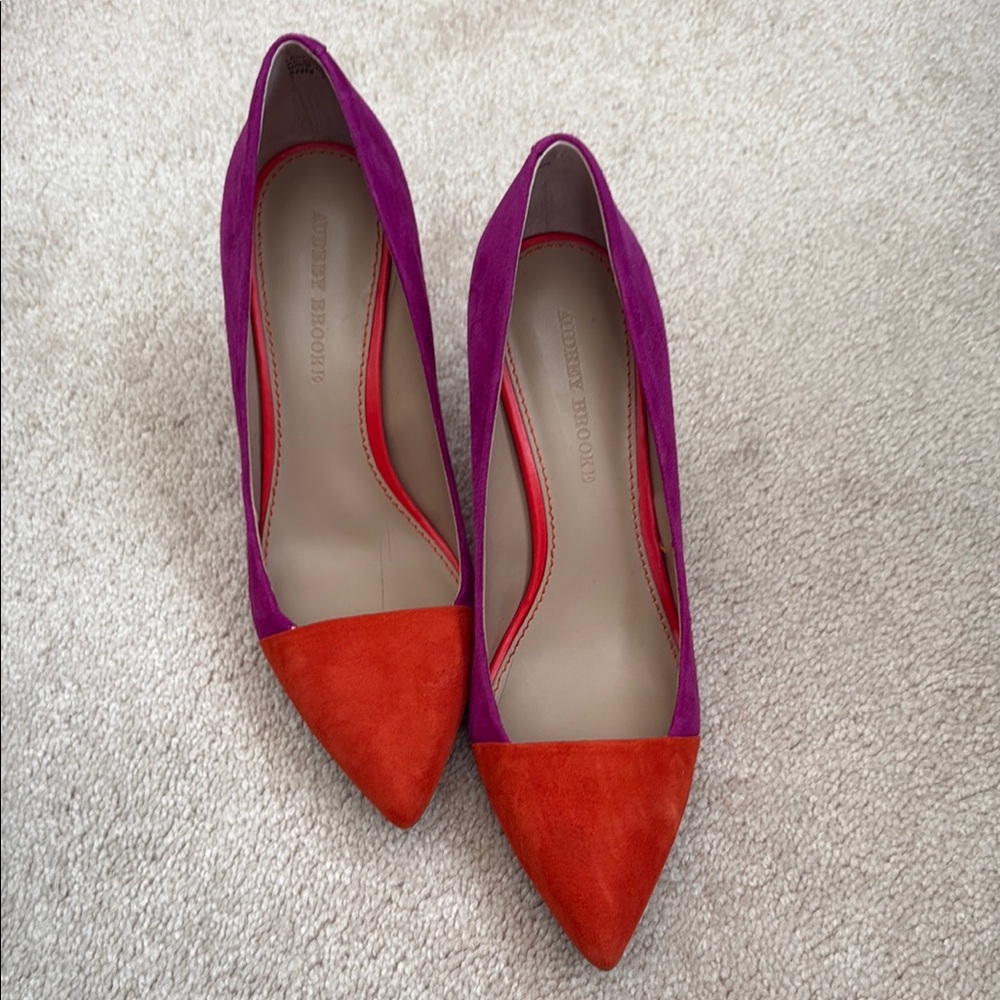 Audrey Brooke Orange and Purple Heels with Striking Color Block Design